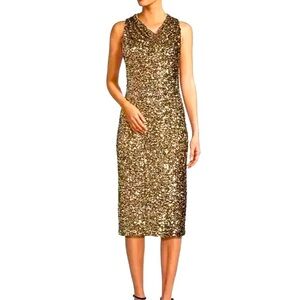 NWT ANTONIO MELANI Phoenix Gold Sequin Cowl Neck
Sleeveless Midi Dress Size 8